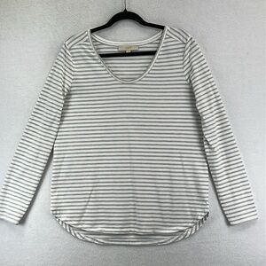 LOFT Women’s L/S Tee Sz L White & Gray Scoop Neck Poly/Cotton/Rayon Knit EUC
